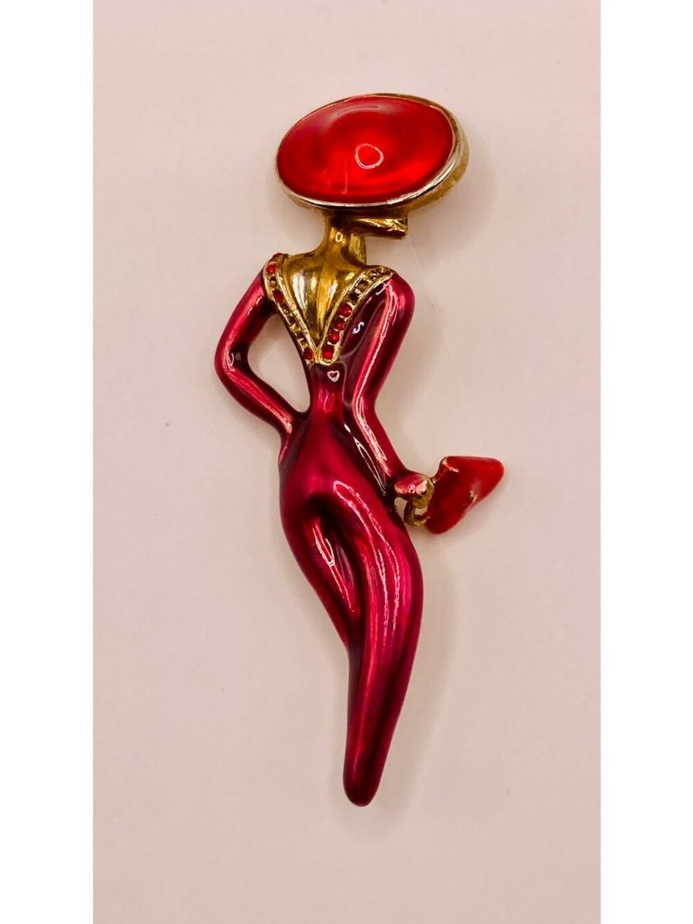 Vintage Gold-Tone Red Enamel Lady Pin BroochHat & Purse Detail -61B